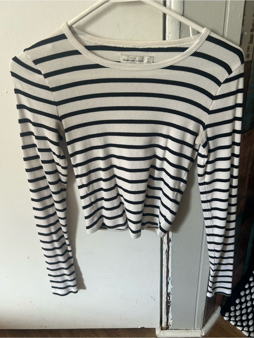 Abercrombie & Fitch Navy and White Striped Long Sleeve Tee